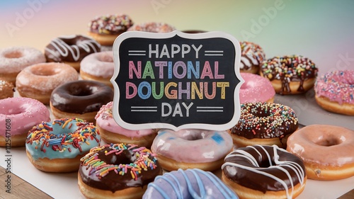 Colorful Donut Assortment Celebrating National Doughnut Day with Festive Sign