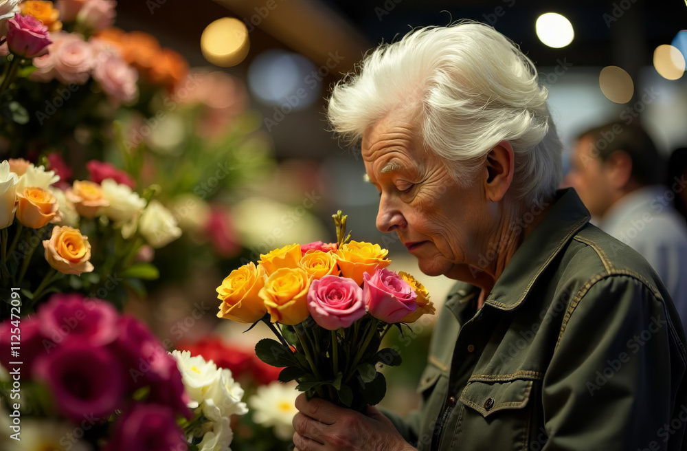 An elderly beautiful lady sniffs and looks at a bouquet that she wants to buy in a flower shop An elderly beautiful lady sniffs and looks at a bouquet that she wants to buy in a flower shop