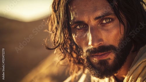 A captivating close-up of Jesus Christ focusing on his deep, reflective eyes, emphasizing serenity and divine contemplation.