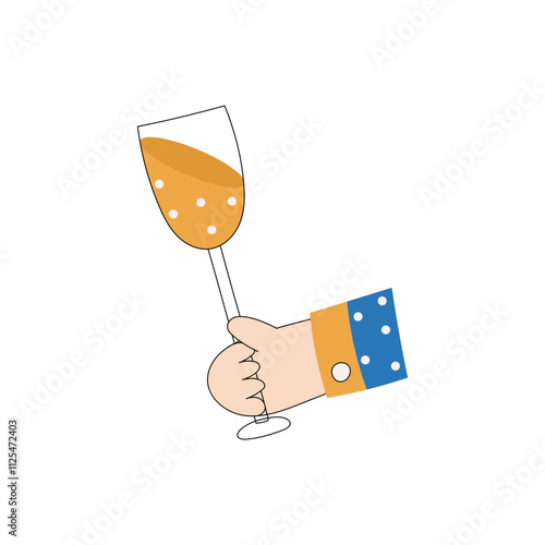 Hand with a glass of champagne. Christmas glass with alcohol. Vector illustration on a white background