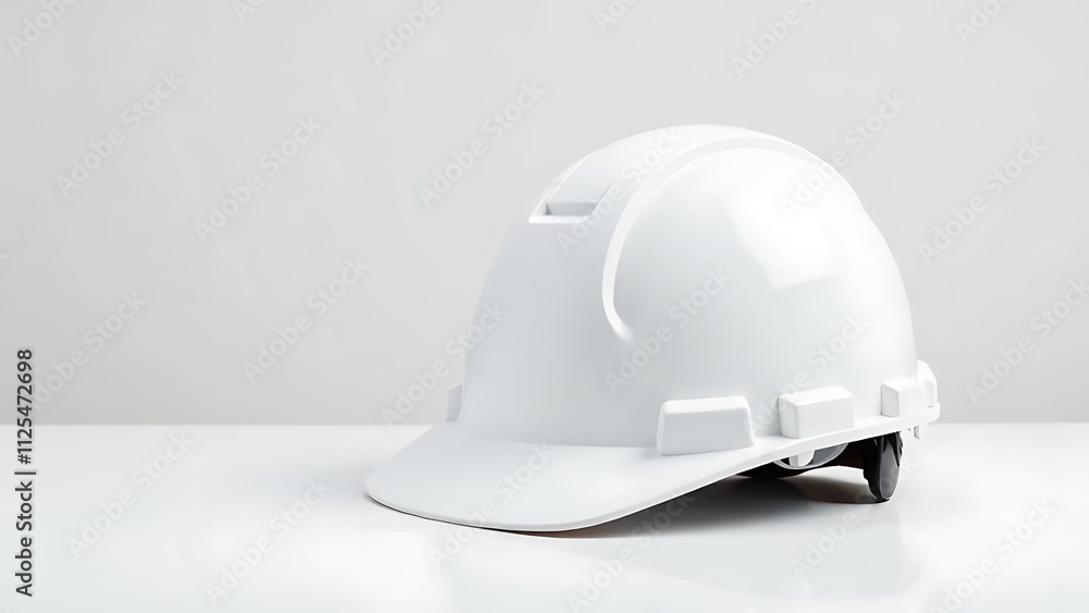 White construction helmet lies on a white table, white walls White construction helmet lies on a white table, white walls