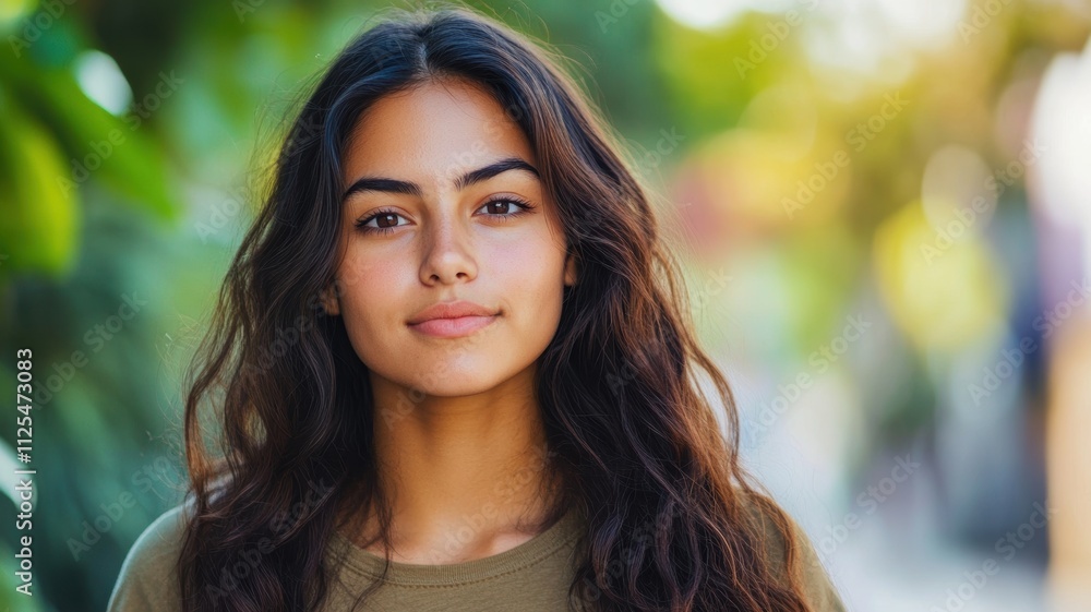 Obraz premium Close-up portrait of a young woman with wavy hair and a natural expression, surrounded by a soft, blurred background.