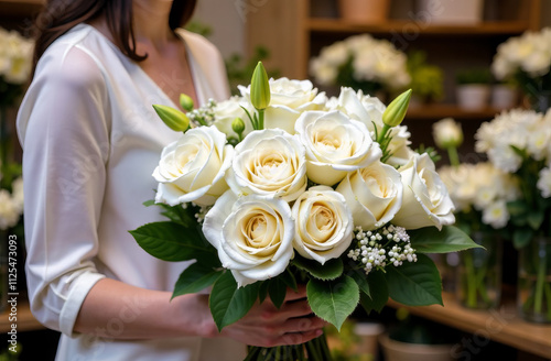 the girl holds a large beautiful bouquet of white roses, the bouquet was collected in a flower shop to order photo