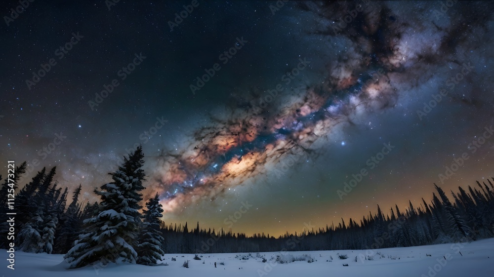 Fototapeta premium Milky Way Galaxy over Snowy Winter Forest at Night
