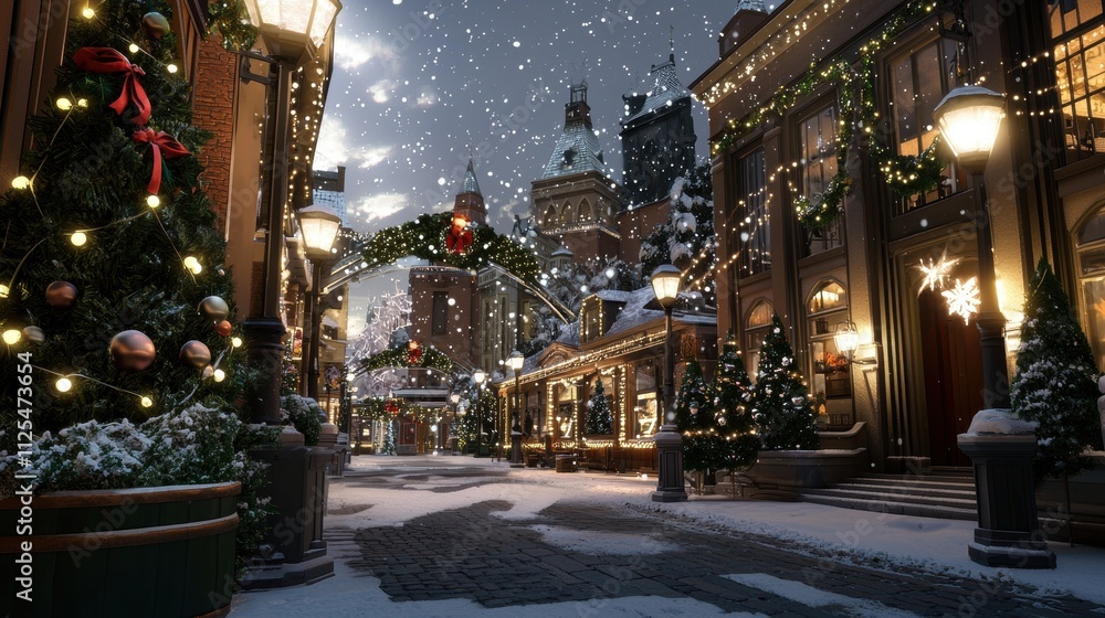 Winter christmas celebration in a snowy town square decorated with lights and greenery at nighttime Winter christmas celebration in a snowy town square decorated with lights and greenery at nighttime