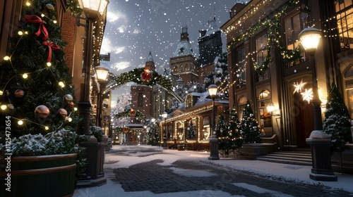 Winter christmas celebration in a snowy town square decorated with lights and greenery at nighttime