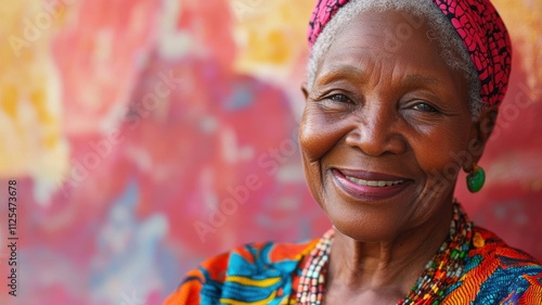 Close-up portrait of an elderly woman with short gray hair, wearing vibrant patterned clothing, smiling warmly against a blurred colorful background.