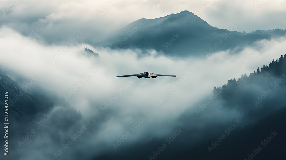 A stealth bomber flying silently through dense fog over a remote valley. A stealth bomber flying silently through dense fog over a remote valley.