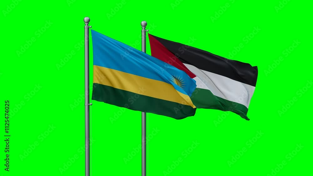 Palestine and Gaza Strip and Rwanda two flags waving together on blue , video concept of the relationship with colored chroma key for easy background remove Palestine and Gaza Strip and Rwanda two flags waving together on blue , video concept of the relationship with colored chroma key for easy background remove
