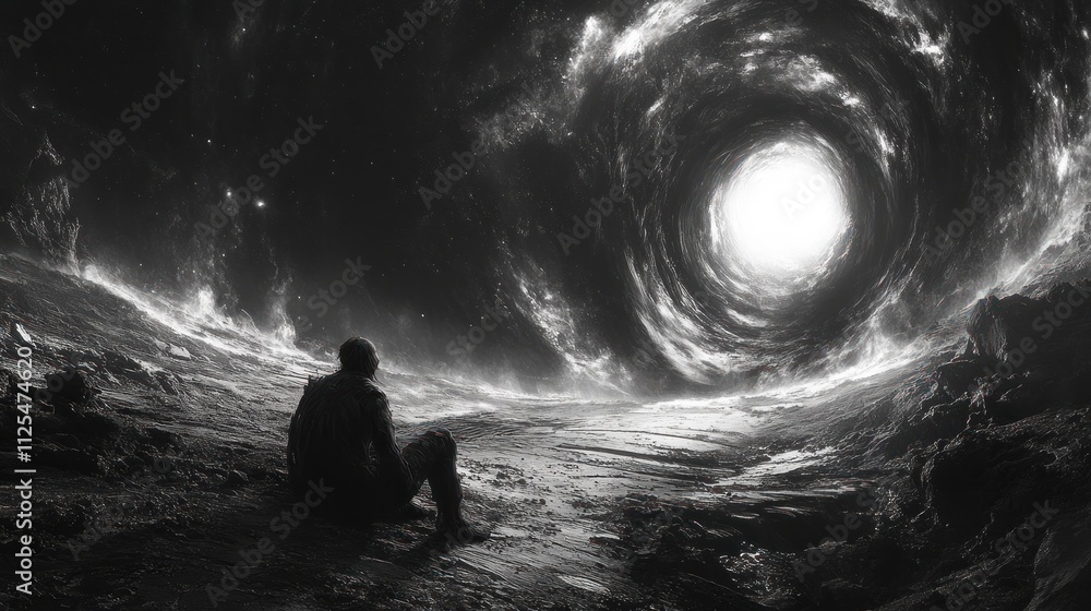 Fototapeta premium Solitary figure contemplates cosmic vortex.