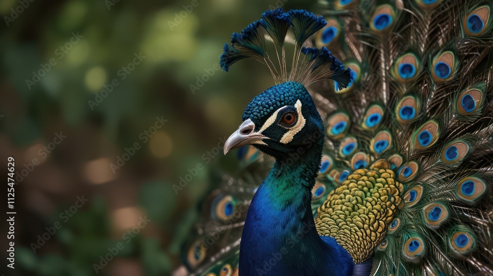 Obraz premium Close-up of a peacock's head and colorful tail feathers.