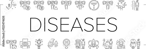 woman health medical care icons set vector. breast cancer, endometriosis, menstrual, osteoporosis, hormonal imbalance, menopause woman health medical care black contour illustrations