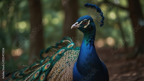 Majestic peacock in forest setting, vibrant plumage. photo