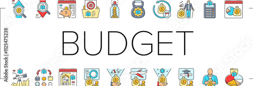 budget planning finance saving icons set vector. expenses income, allocation forecasting, analysis strategy, goal investment cashflow budget planning finance saving color line illustrations