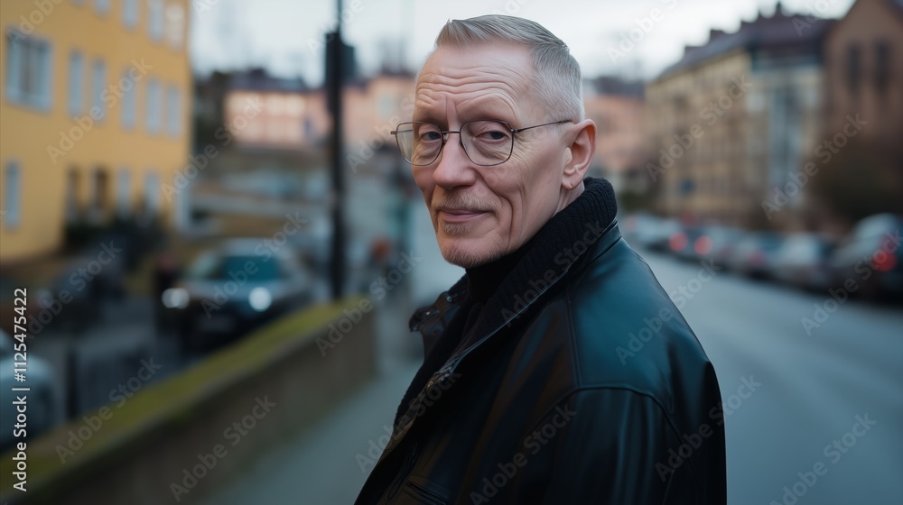Man wearing glasses and a black jacket stands on a sidewalk Man wearing glasses and a black jacket stands on a sidewalk