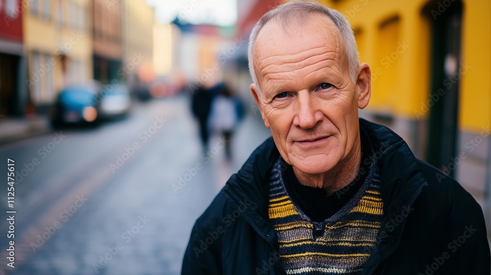 Man with a beard and gray hair is standing on a street Man with a beard and gray hair is standing on a street