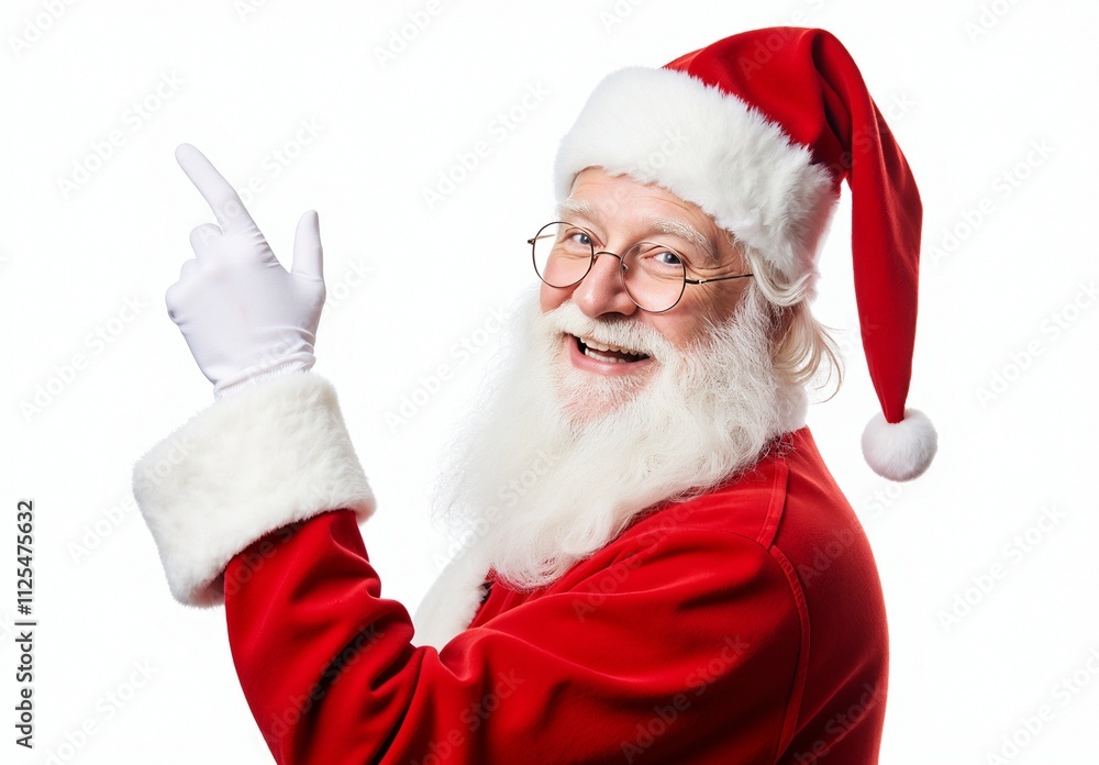 Naklejka premium Cheerful Santa Claus Pointing Upwards and Smiling in Classic Red Suit