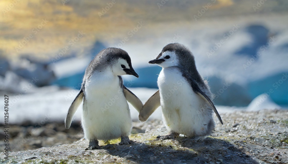 Naklejka premium Two funny little penguin cubs play on the shore in Antarctica
