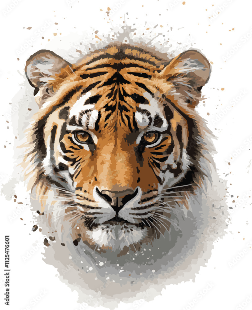 Fototapeta premium A majestic white Bengal tiger, a rare and wild feline, stares intently with piercing eyes, Watercolor