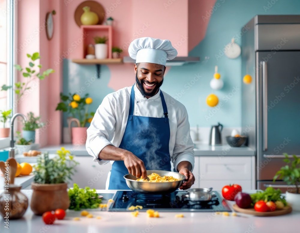 Culinary Delights A Smiling Chef Prepares Pasta in a Bright, Cheerful Kitchen Environment Culinary Delights A Smiling Chef Prepares Pasta in a Bright, Cheerful Kitchen Environment
