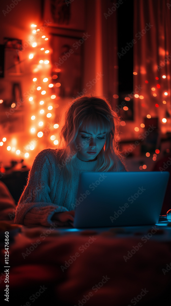 A young blonde woman is working online with her laptop in her living room, engaging in remote work and studying through the internet, illuminated by warm lighting in the background