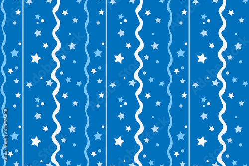 Blue stars Vertical wavy lines Seamless pattern Isolated navy background Wrapping paper Fabric wallpaper wallpaper polygraphy Repeating design Fabric print template Girl's mood