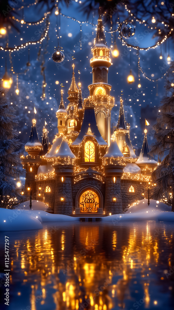 Obraz premium A glowing castle shines with festive lights over snow during a winter holiday celebration at night