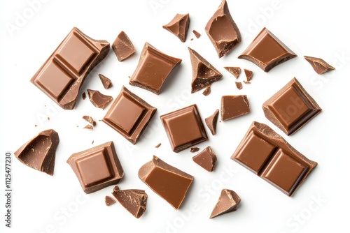 A collection of broken chocolate bar pieces scattered across the scene