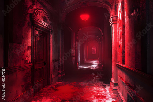 Wallpaper Mural Red light corridor creating a terrifying, otherworldly horror scene Torontodigital.ca