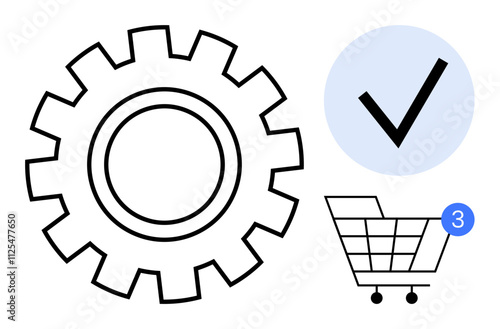 Gear symbol adjacent to a check mark within a blue circle, next to a shopping cart with a notification badge displaying three alerts. Ideal for e-commerce, optimization, settings, notifications