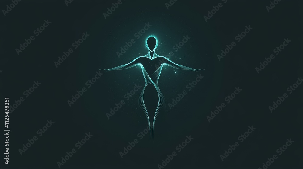 Glowing female figure spreading arms in darkness symbolizing spirituality and wellbeing Glowing female figure spreading arms in darkness symbolizing spirituality and wellbeing
