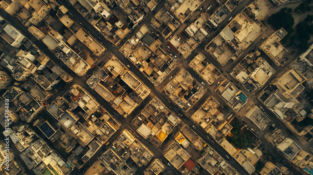 Obraz premium A top-down view of an intricate road network weaving through a dense urban environment.