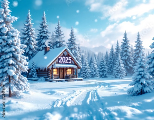 Cozy Winter Cabin with Snow-Covered Trees and 2025 Displayed in a Serene Winter Landscape