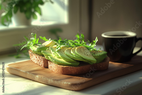 Fresh avocado toast with herbs and coffee on a wooden table by the window