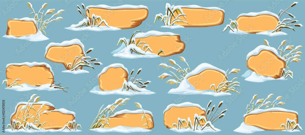 Marsh reed under snow. Swamp cattails winter. Broken weed and snowdrifts. Set isolated wooden cartoon game panels, boards for covers, banners, notebooks, games. Vector signboards in the snowdrifts. Marsh reed under snow. Swamp cattails winter. Broken weed and snowdrifts. Set isolated wooden cartoon game panels, boards for covers, banners, notebooks, games. Vector signboards in the snowdrifts.