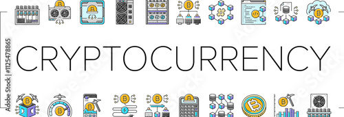 cryptocurrency mining blockchain icons set vector. hashrate gpu, rig pool, wallet decentralized, consensus, proof cryptocurrency mining blockchain color line illustrations