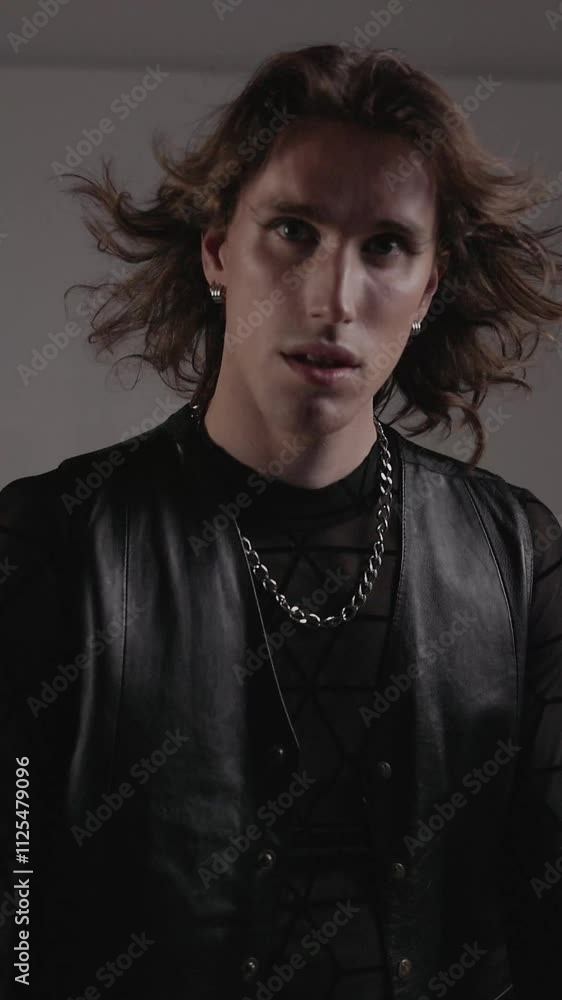 Man Model. Guy Wears Leather Jacket. All Clothes Are Black. Man Model. Guy Wears Leather Jacket. All Clothes Are Black.