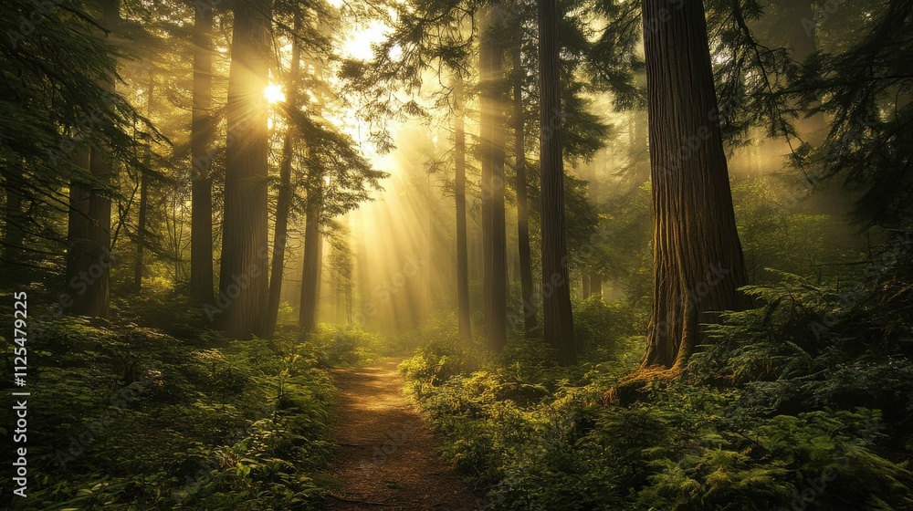 Obraz premium Sunbeams illuminate a misty forest path.