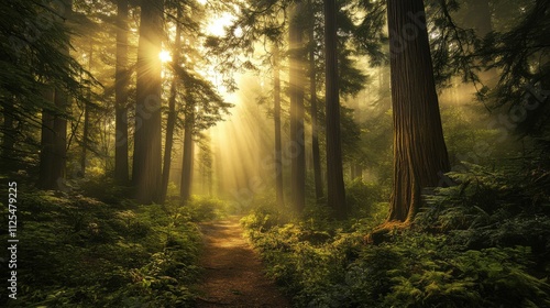 Sunbeams illuminate a misty forest path.