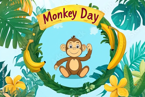 Cartoon Monkey in Tropical Frame with Bananas and 'Monkey Day' Lettering photo