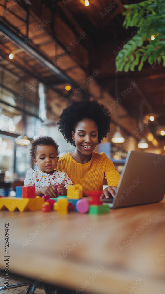 A Black African American woman is caring for and playing with her daughter while working on her laptop at home, beautifully illustrating the themes of online work, motherhood, and childhood filled wit