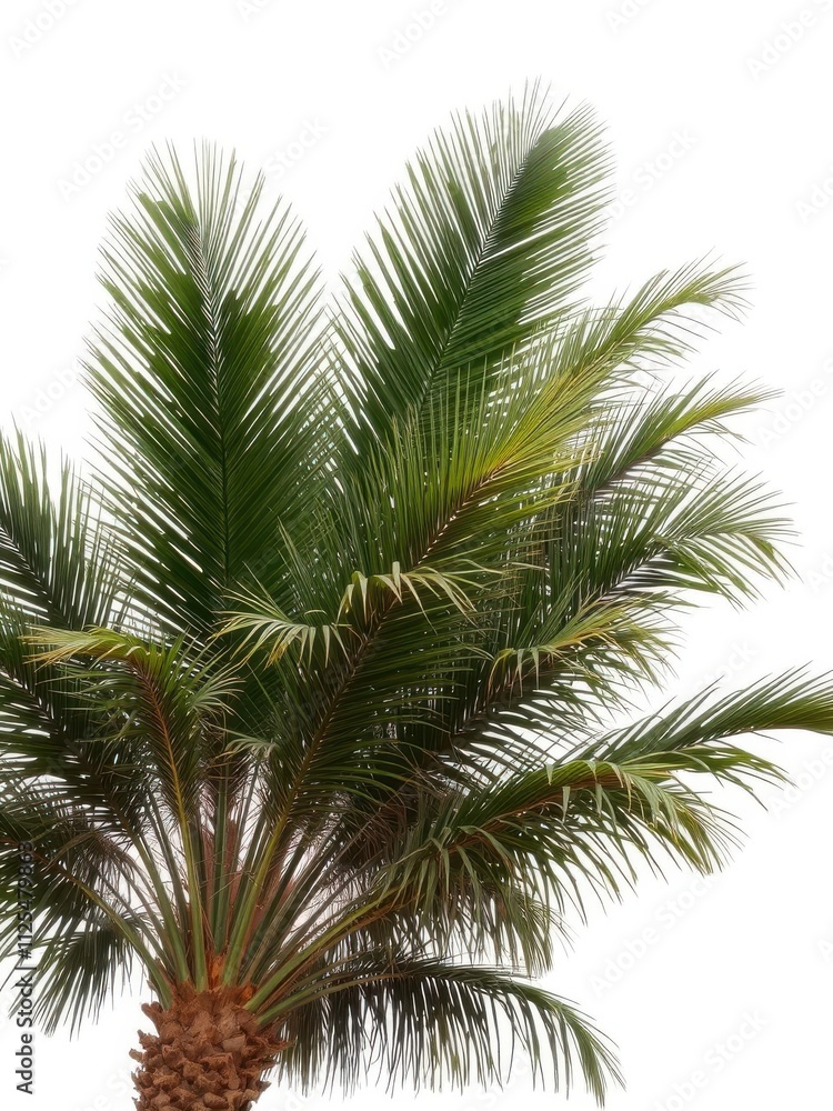 Tall palm tree with lush green leaves isolated on white background, tropical, vacation Tall palm tree with lush green leaves isolated on white background, tropical, vacation