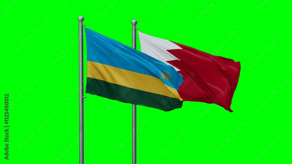 Bahrain and Rwanda flags flying together, video concept of the relationship with colored chroma key for easy background remove Bahrain and Rwanda flags flying together, video concept of the relationship with colored chroma key for easy background remove