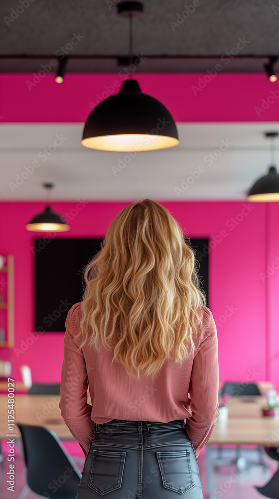 A woman stands with her back to the camera, exuding attitude and leadership as she awaits her team for a meeting in the office, set against a pink background