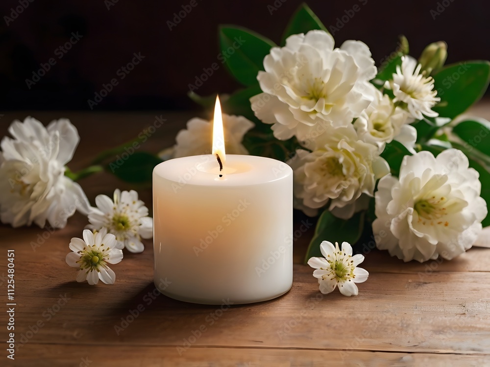Lit Candle with White Flowers on Wooden Table Lit Candle with White Flowers on Wooden Table