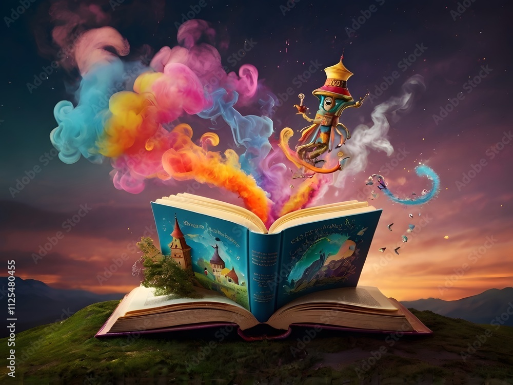 Naklejka premium Magical Book Fantasy Creature Colorful Smoke Adventure Story Open Book Sunset Landscape