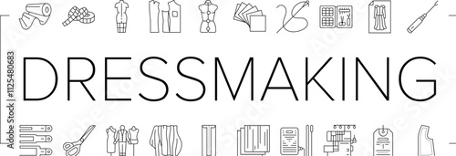 dressmaking fashion sewing style icons set vector. couture tailor, hemline seamstress, silhouette textile, embroidery, draping, pleats dressmaking fashion sewing style black contour illustrations