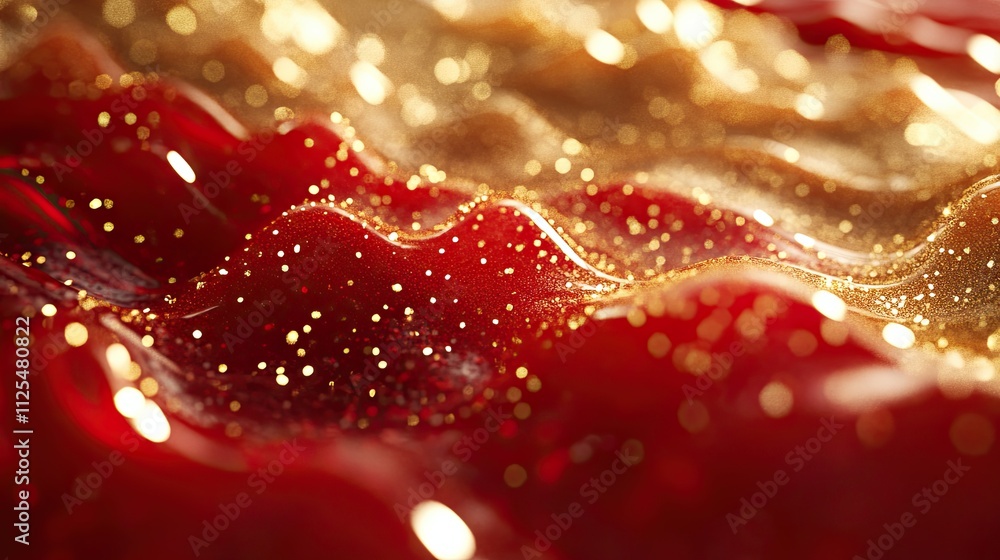 Rotating gold particles in red liquid. Magic waves of golden shiny particles of different shades of red liquid with depth of field. Rotating gold particles in red liquid. Magic waves of golden shiny particles of different shades of red liquid with depth of field.