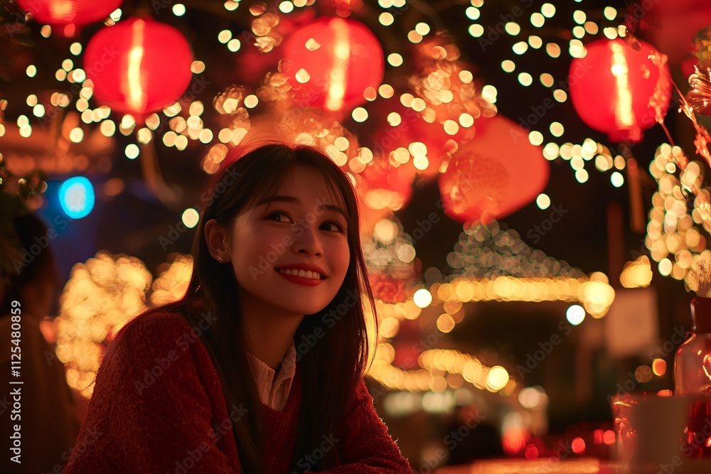 Festive Asian Woman at Night Market Lantern Lights Chinese New Year Festive Asian Woman at Night Market Lantern Lights Chinese New Year