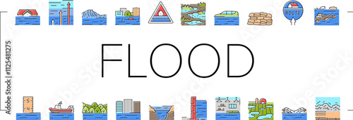 flood water disaster rain icons set vector. river storm, surge inundation, overflow deluge, emergency evacuation, rescue, damage flood water disaster rain color line illustrations